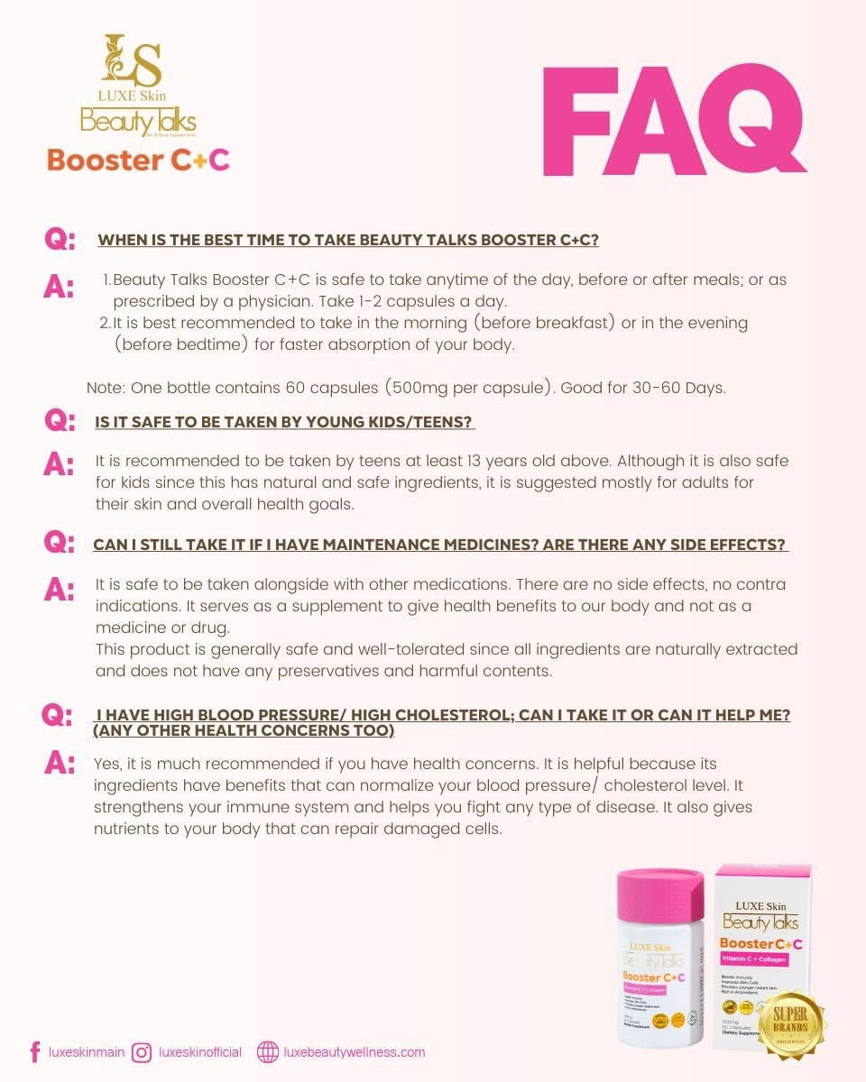 Luxe Skin -Beauty Talks Booster C+C | Vitamin C Collagen 60 Capsules (Pink Caps)