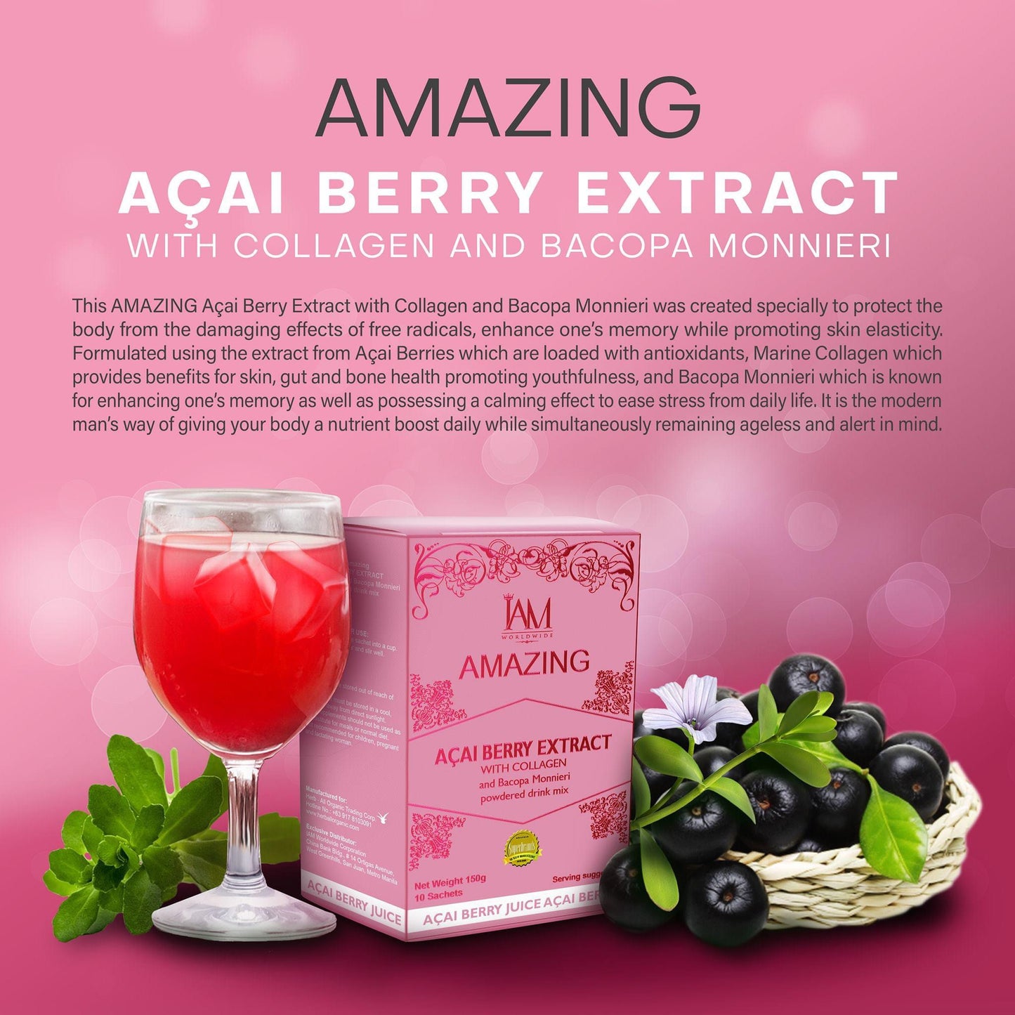 IAM AMAZING- Açaí Berry Extract w/ Collagen and Bacopa Monnieri Powder drink mix