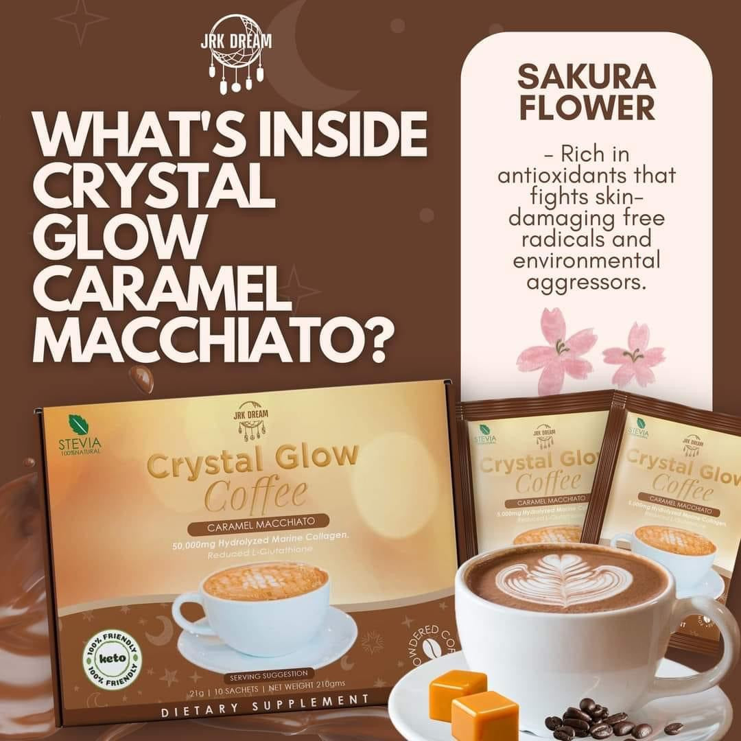 Crystal Glow Coffee CARAMEL MACCHIATO 50,000mg Hydrolyzed Marine Collagen  Mix, 10 Sachets